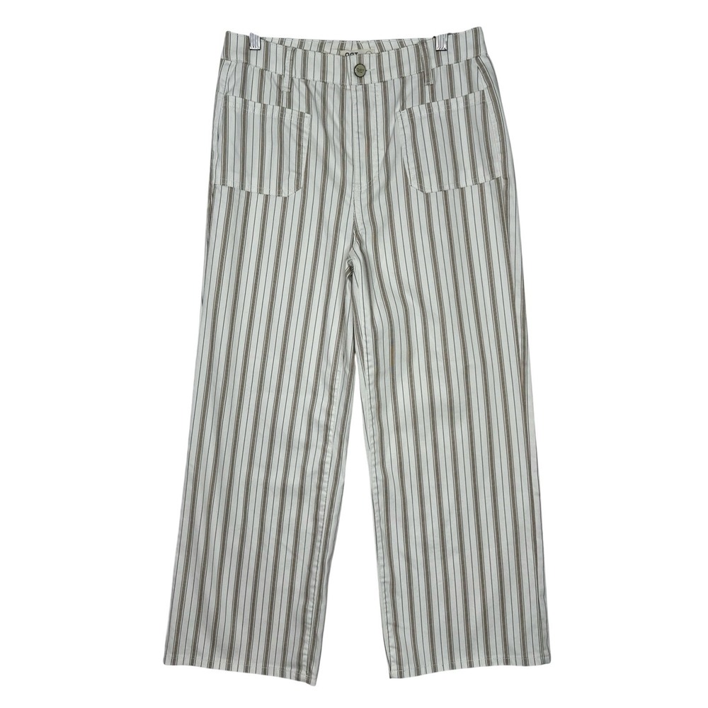 OAT New York Striped Wide Leg Crop Pants Women's 10 White Brown Cotton Blend